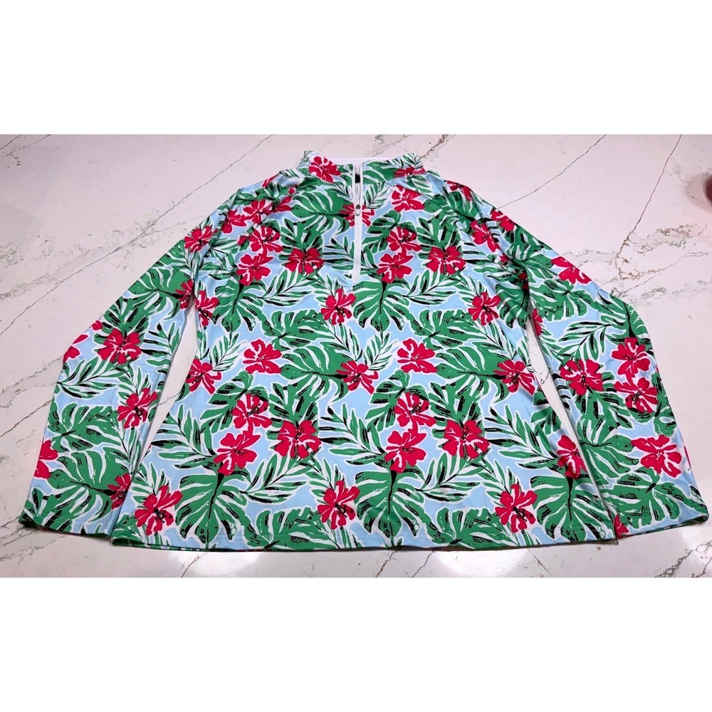 Womens Tropical Floral Palm‎ Print Long Sleeve Quarter Zip Rash Guard Summer Top